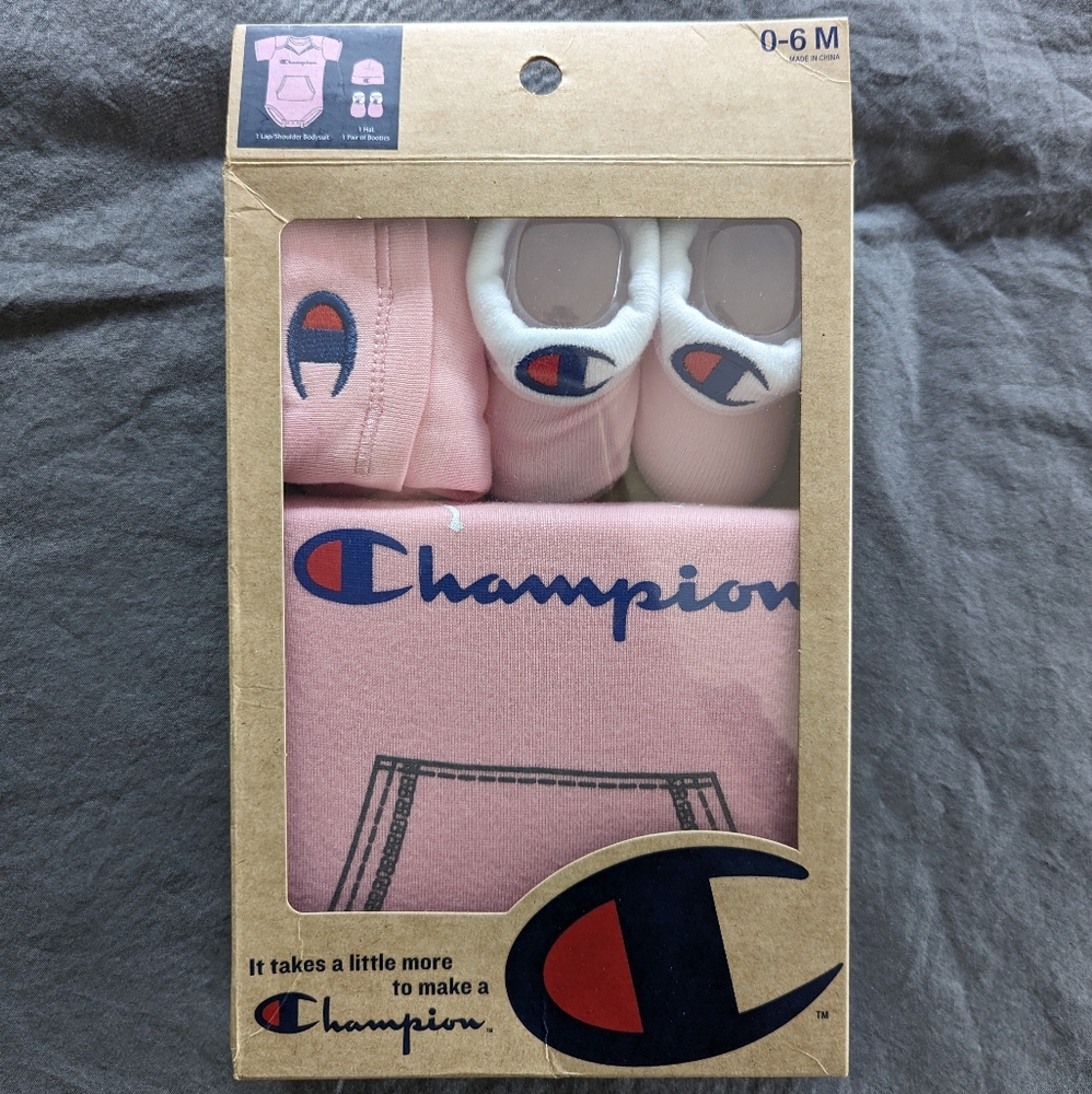 Champion Baby Girl Pink Gift Set (Bodysuit, Hat, Booties)